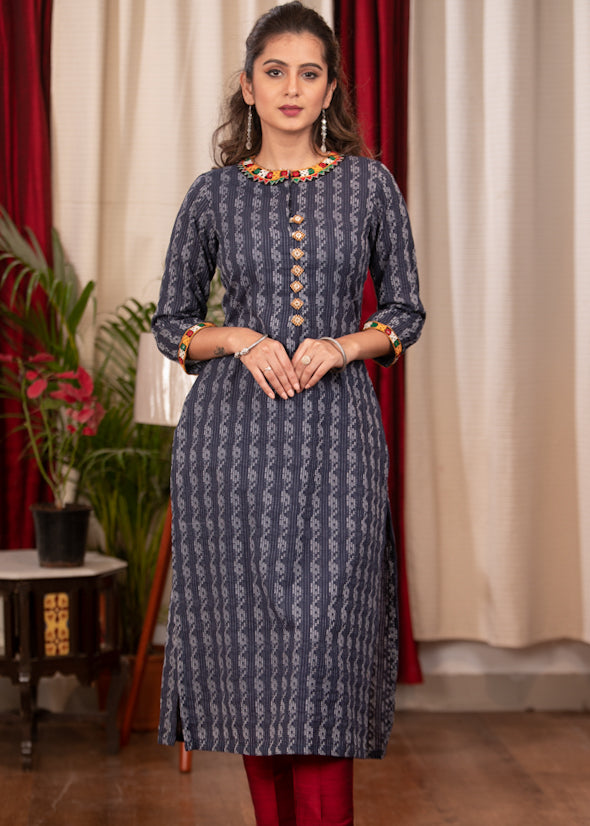 A - Line Blue Cotton Handloom textured  Kurta with Hand made kutch Mirror work on the Neck & Sleeves