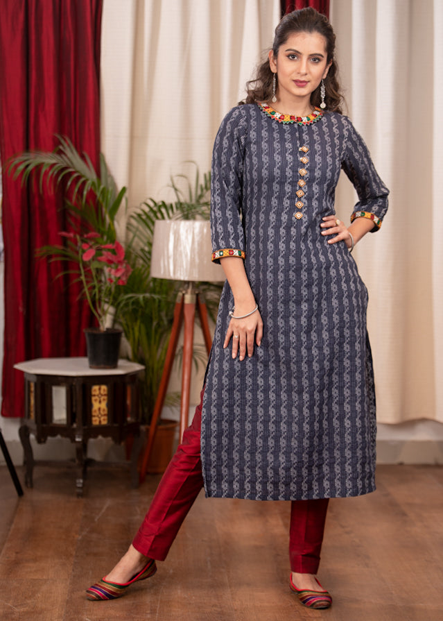 A - Line Blue Cotton Handloom textured  Kurta with Hand made kutch Mirror work on the Neck & Sleeves