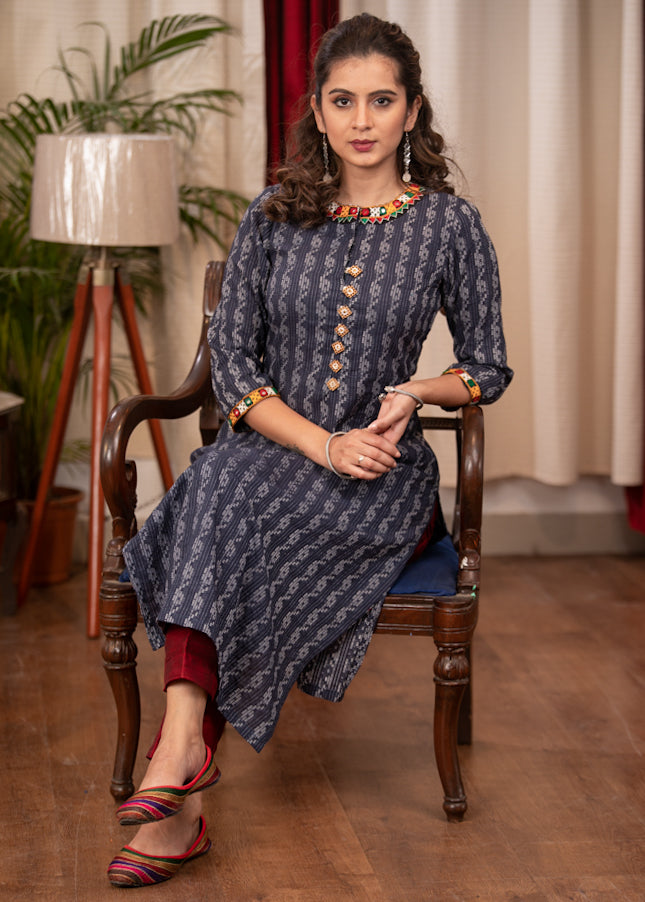 A - Line Blue Cotton Handloom textured  Kurta with Hand made kutch Mirror work on the Neck & Sleeves