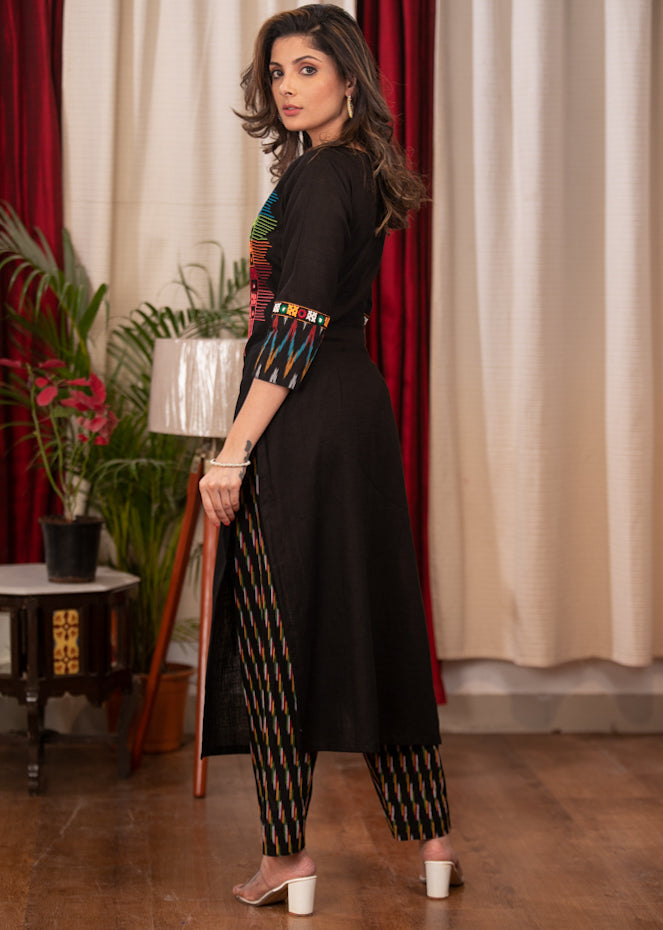 Straight Cut Black Cotton Handloom Kurta with Bright and Soothing Hand Mirror embroidery