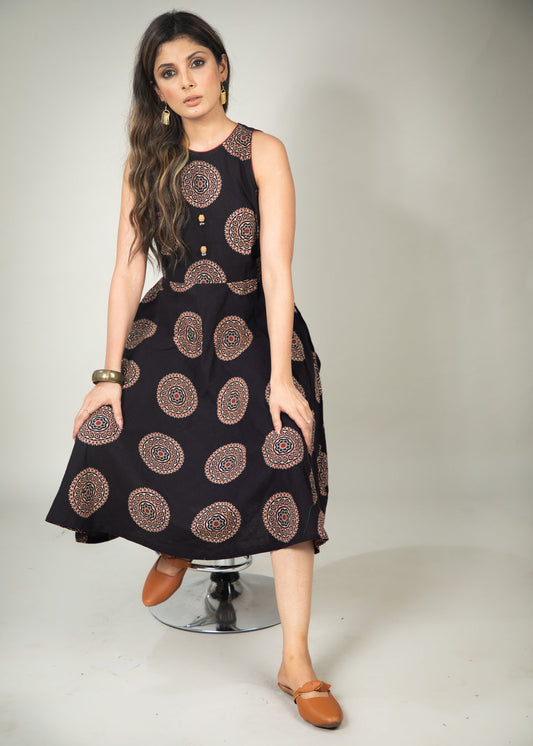 Exclusive black Ajrakh printed dress with in cut sleeves