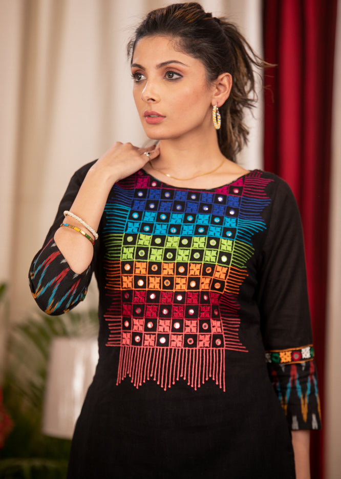 Straight Cut Black Cotton Handloom Kurta with Bright and Soothing Hand Mirror embroidery