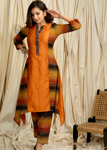 Assymetric Rust Ikat and Cotton Silk Combination Kurta