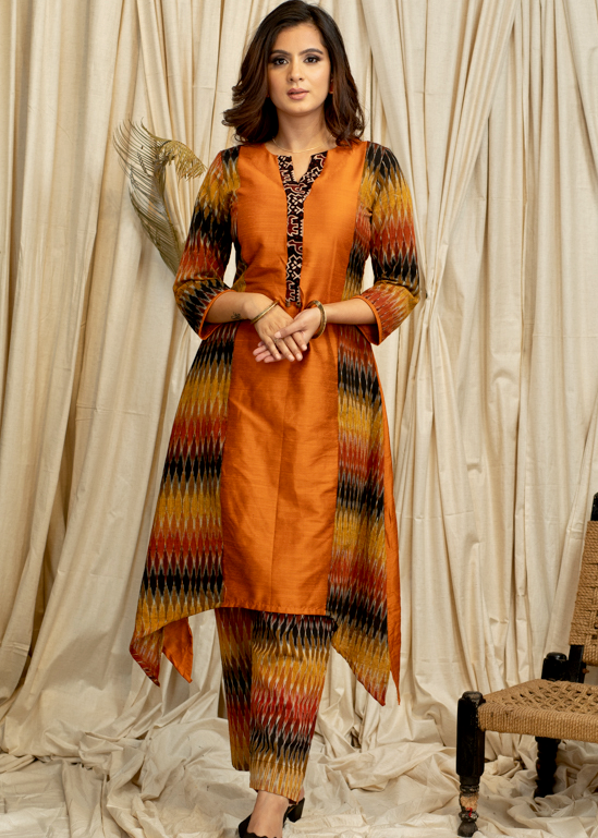 Assymetric Rust Ikat and Cotton Silk Combination Kurta