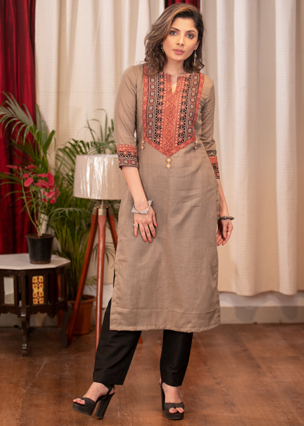 Straight Cut Cement Color Cotton Handloom Kurta with Ajrakh Yoke and Beautiful Buttons