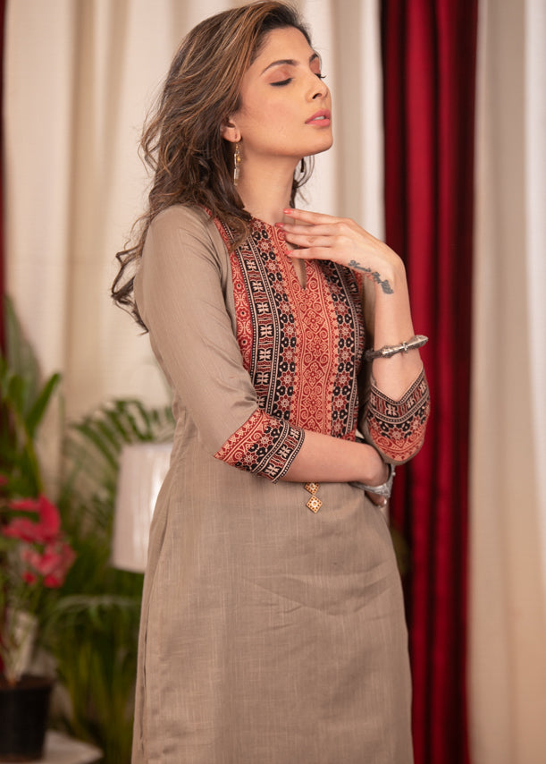 Straight Cut Cement Color Cotton Handloom Kurta with Ajrakh Yoke and Beautiful Buttons