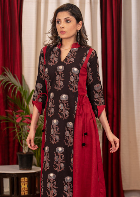 A - Line Maroon Cotton Slub tie string kurta With Beautiful mirror work Ajrakh Panel and Sleeves