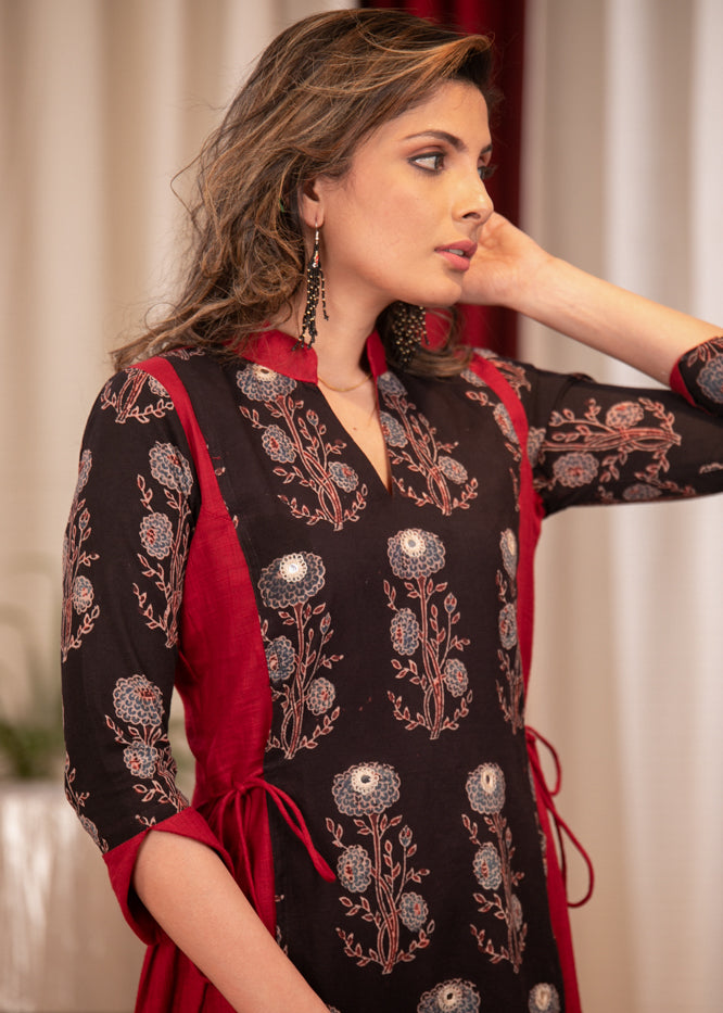 A - Line Maroon Cotton Slub tie string kurta With Beautiful mirror work Ajrakh Panel and Sleeves