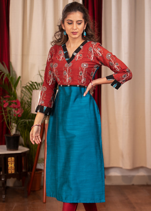 straight cut Firozi Cotton Silk Kurta with hand embroidered mirror work Ajrakh Yoke and Sleeves