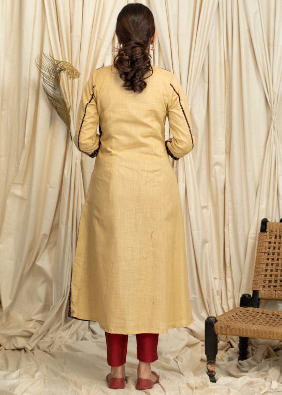 A - Line Biscuit colour Cotton Handloom Kurta with Contrasting Ajrakh panel