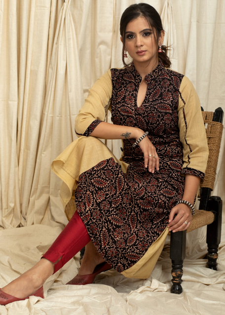 A - Line Biscuit colour Cotton Handloom Kurta with Contrasting Ajrakh panel