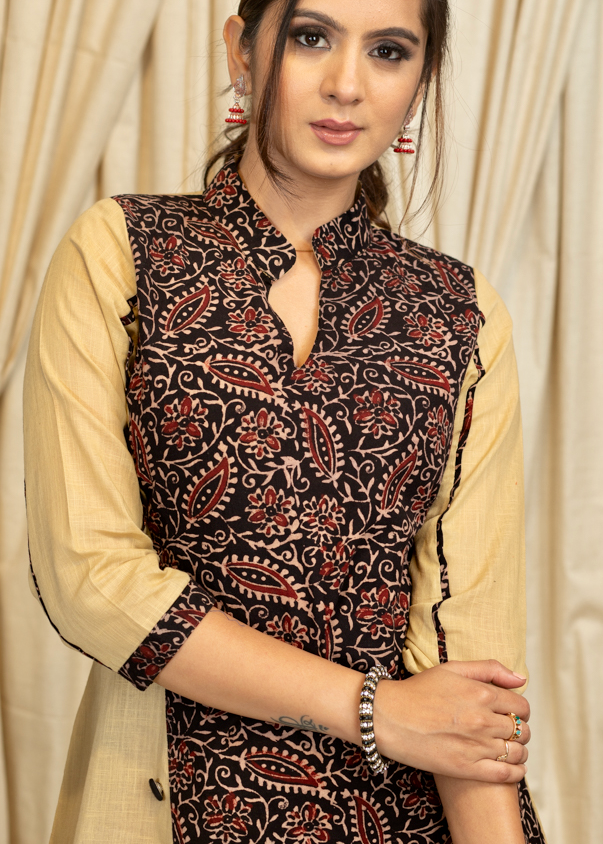 A - Line Biscuit colour Cotton Handloom Kurta with Contrasting Ajrakh panel