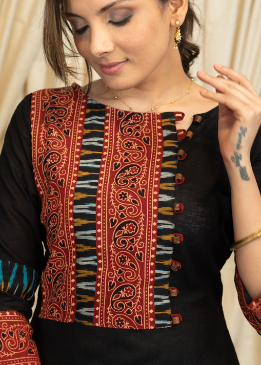 A-Line Cotton Handloom Kurta with Ajrakh and Ikat Combination Yoke