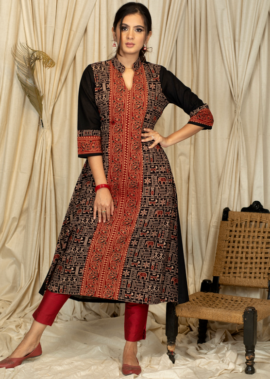 A  - line Ajrakh Combination Kurta in Animal Print