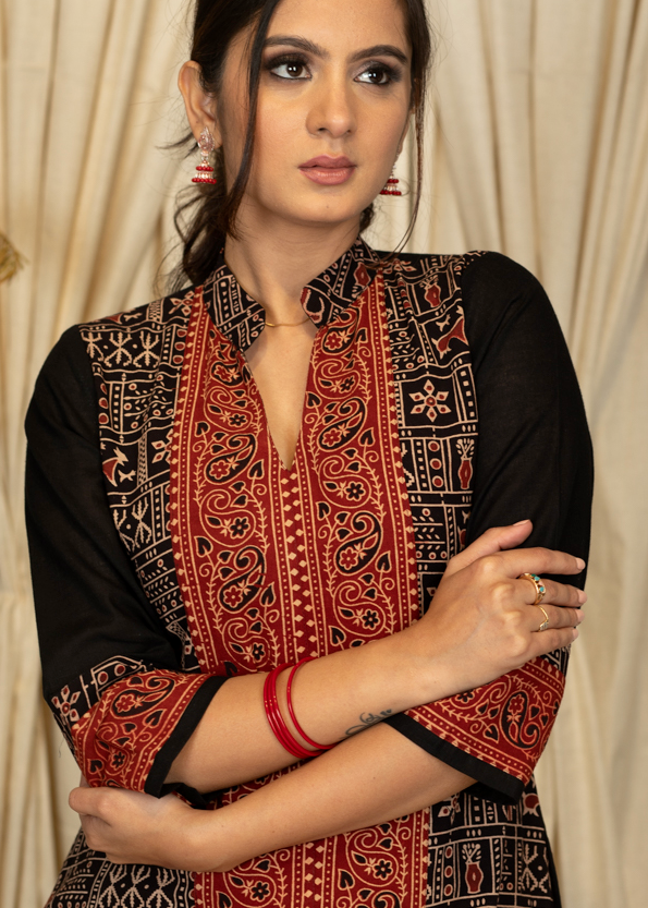 A  - line Ajrakh Combination Kurta in Animal Print