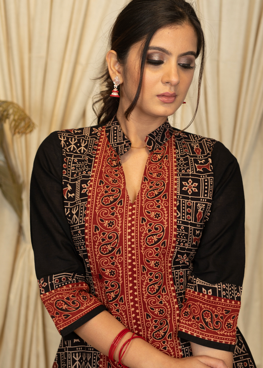 A - line Ajrakh Combination Kurta in Animal Print