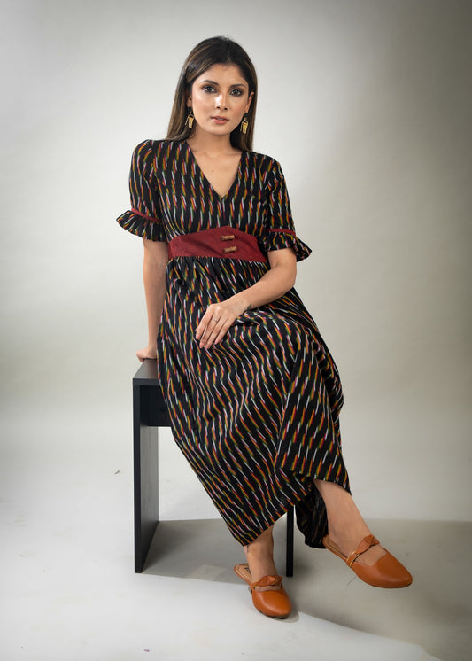 Exclusive black striped ikat dress with maroon waist Yoke