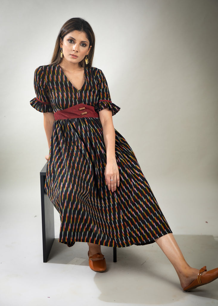 Exclusive black striped ikat dress with maroon waist Yoke