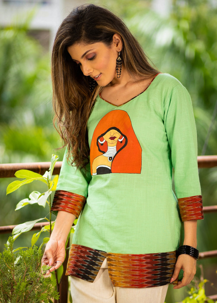 Exclusive hand painted pista colored cotton top
