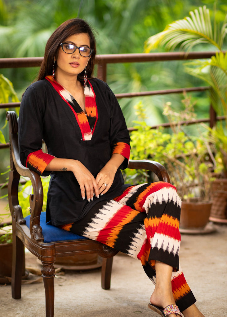 Exclusive black cotton top with a optional coordinated ikat pants look