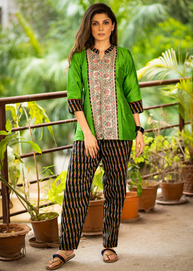 Exclusive hand painted madhubani cotton top & optional coordinated ikat pant