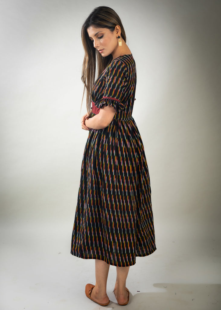 Exclusive black striped ikat dress with maroon waist Yoke