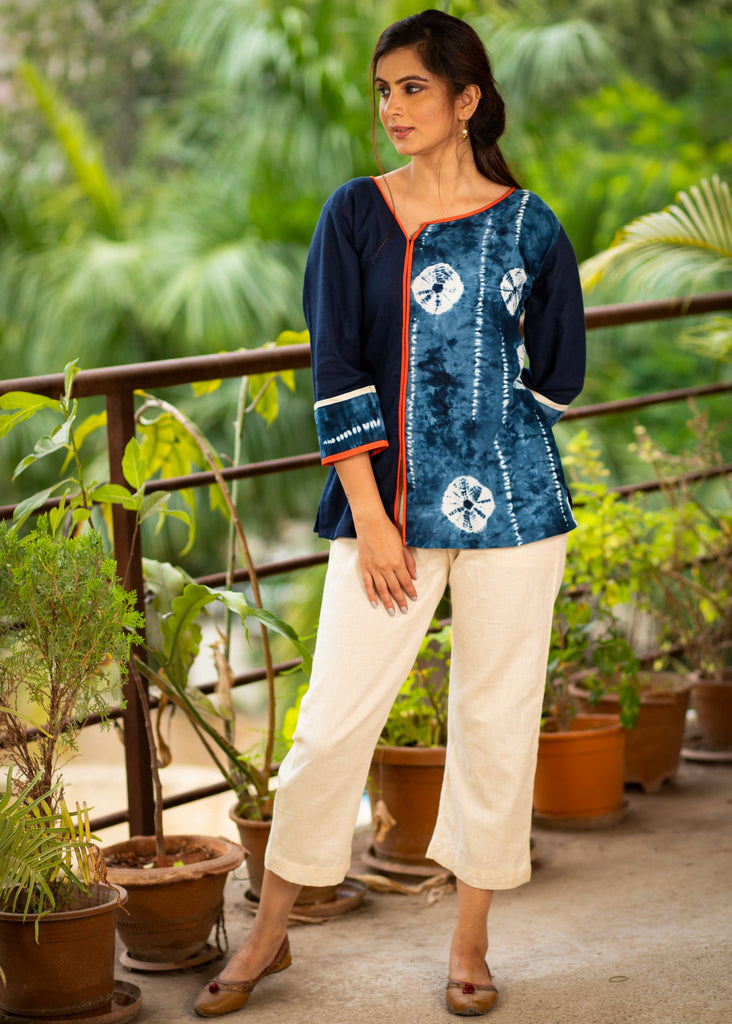 Exclusive blue cotton top with Shibori combination