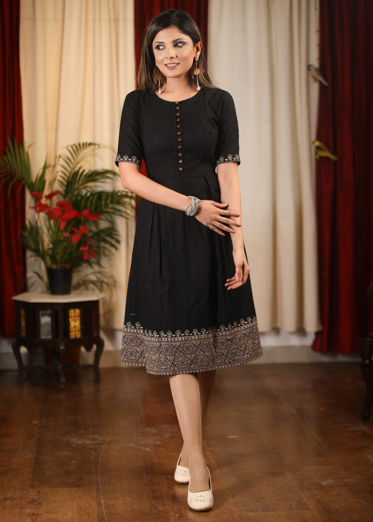 Quintessential black dress with Ajrakh & embroidery combination