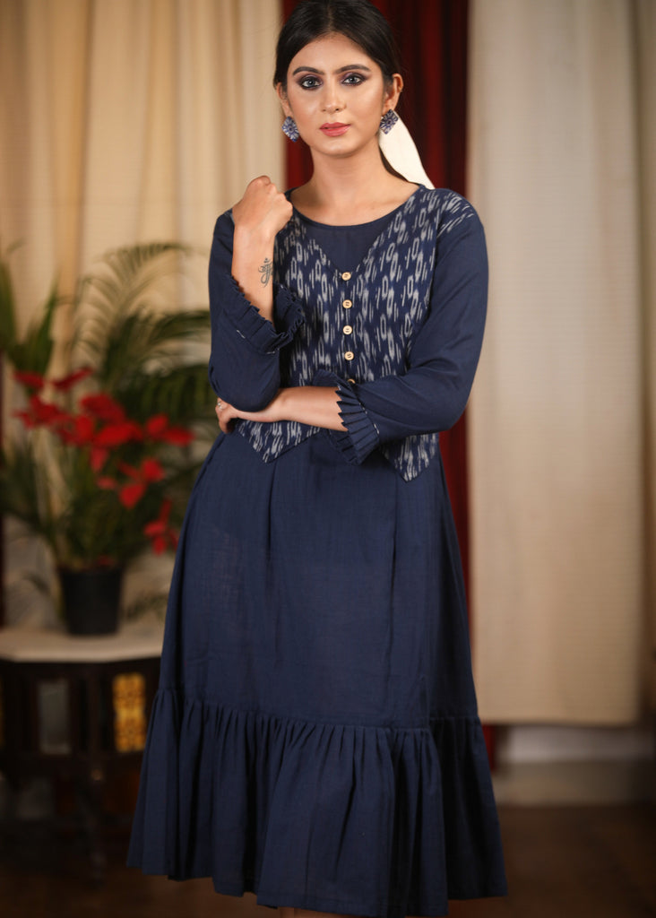 Navy blue cotton dress with Ikat jacket