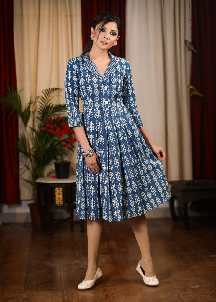 Exclusive indigo printed designer one piece dress