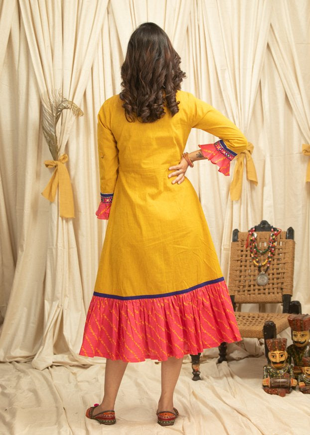 Mustard cotton dress with gota border & Bandhni print