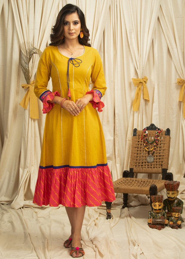 Mustard cotton dress with gota border & Bandhni print