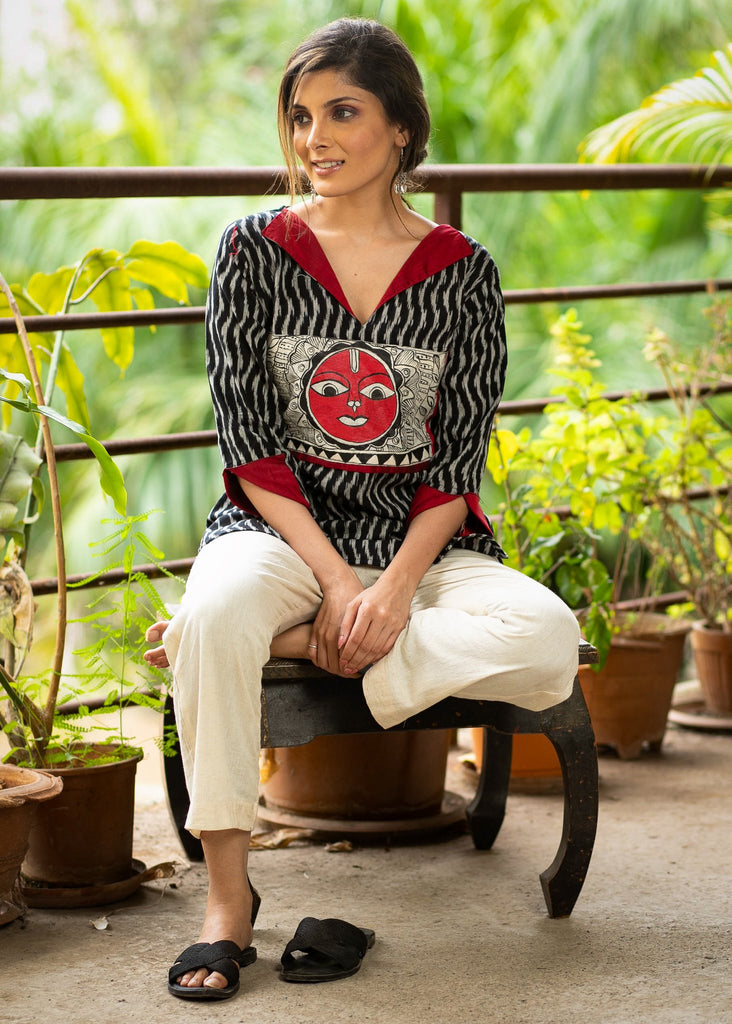 Exclusive ikat top with hand painted madhubani art