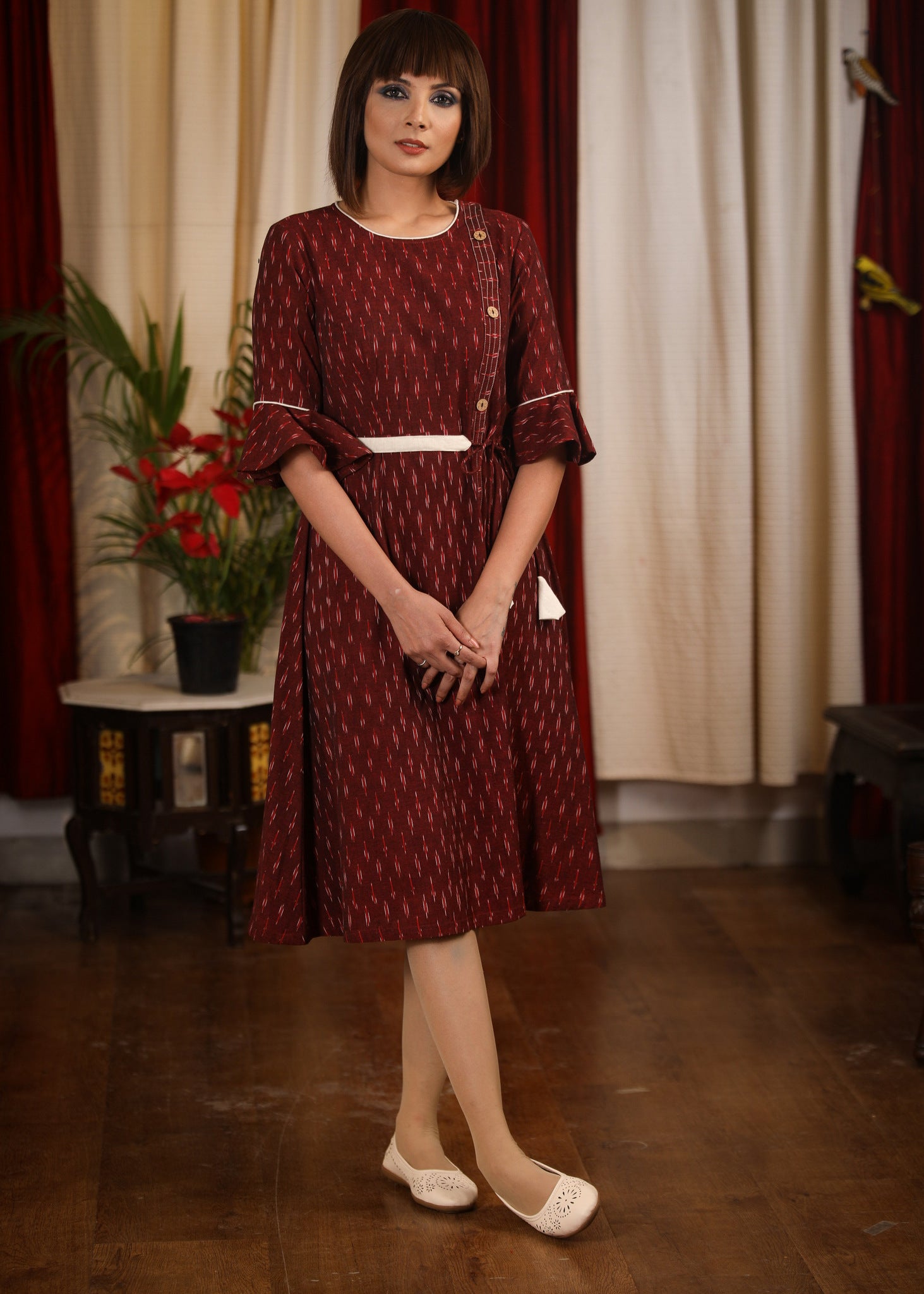 Exclusive maroon ikat designer one piece dress  Sujatra