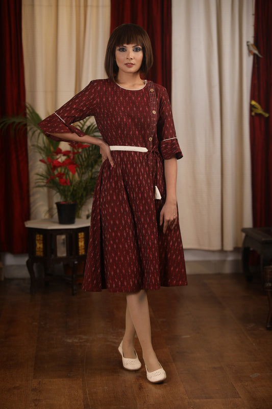 Exclusive maroon ikat designer one piece dress