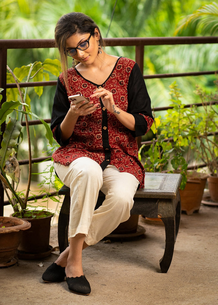 Exclusive Ajrakh combination black cotton top