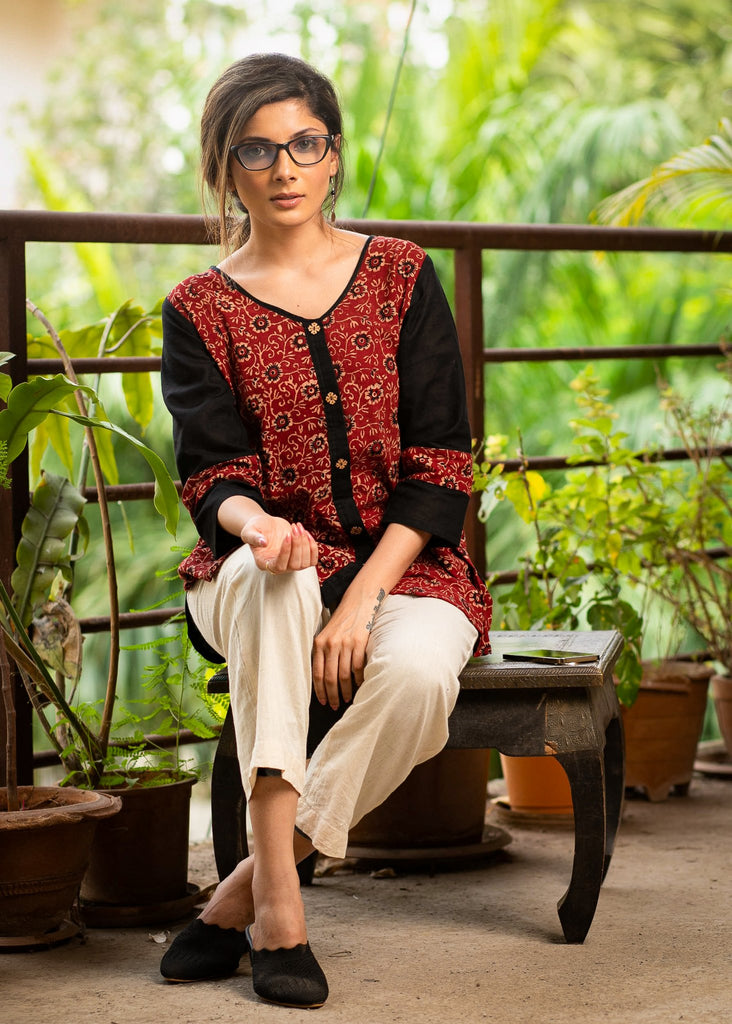 Exclusive Ajrakh combination black cotton top