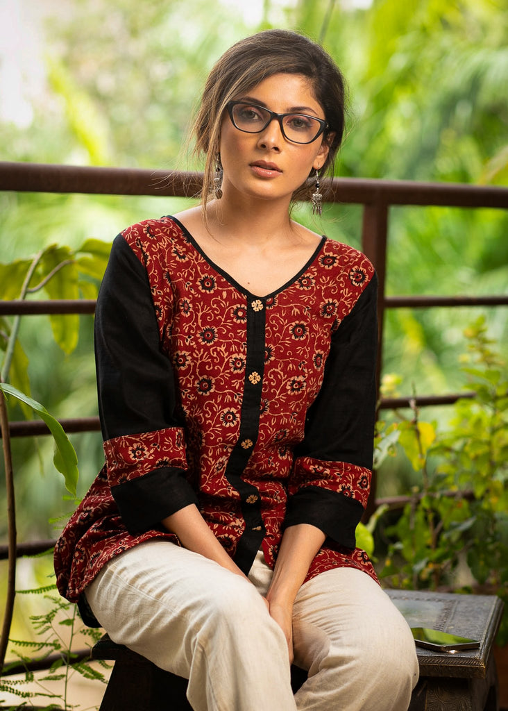 Exclusive Ajrakh combination black cotton top