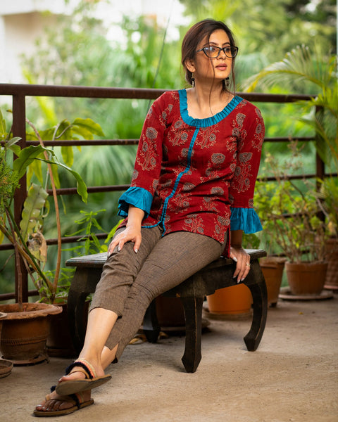 Exclusive maroon block printed Ajrakh top