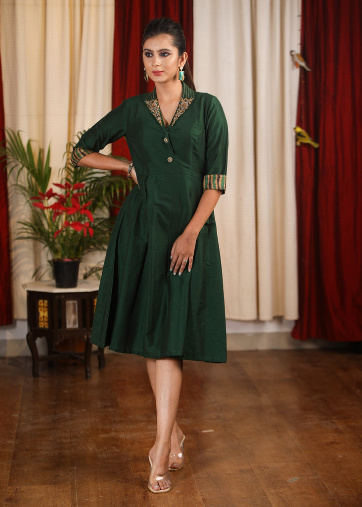 Exclusive forest green cotton silk silk with zardosi hand embroidered work on collar