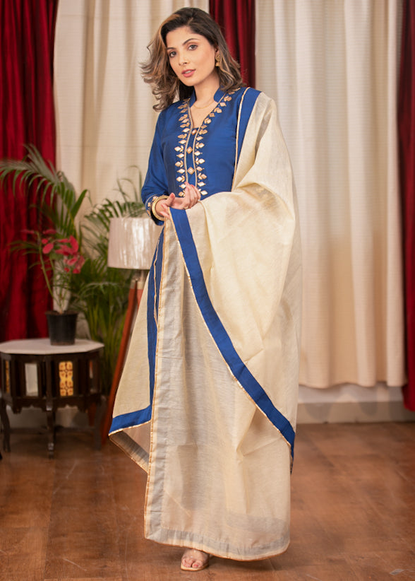 Straight Cut Blue Cotton Silk Kurta with Hand made Gota Patti work , Pant & Chanderi Dupatta - 3 Piece