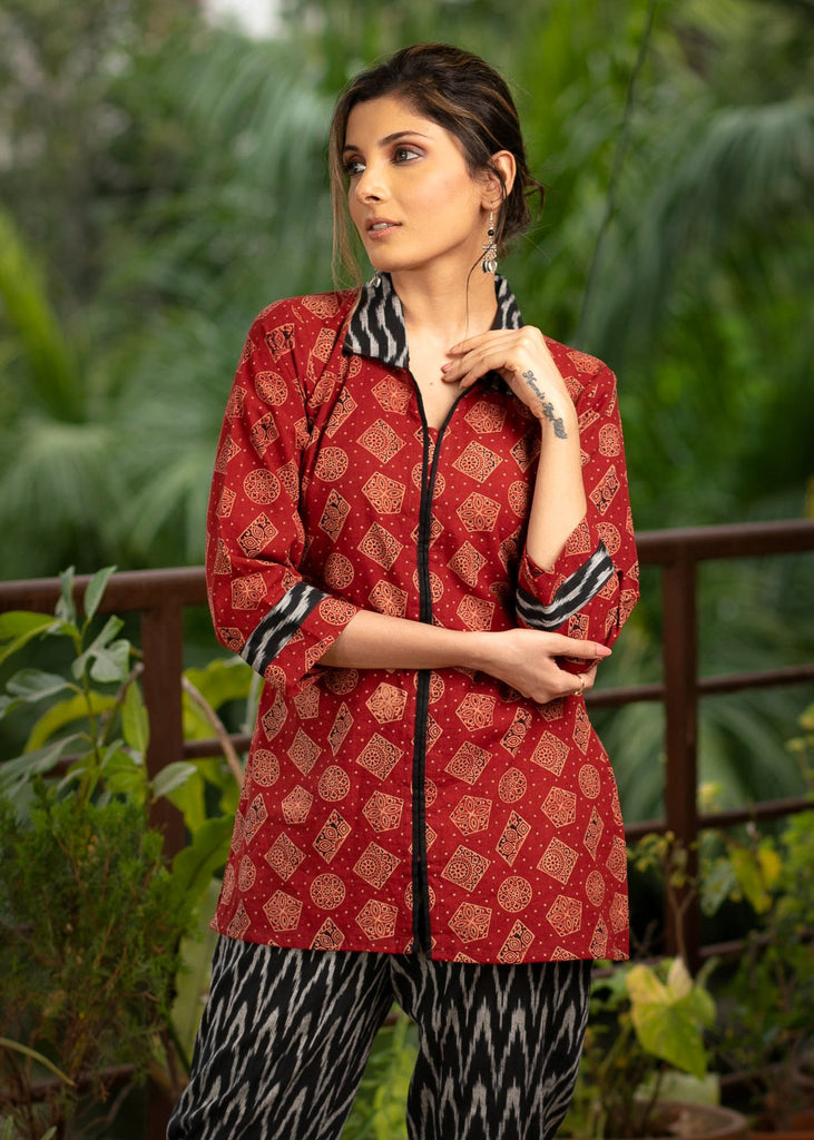 Exclusive maroon Ajrakh printed top with optional ikat pants