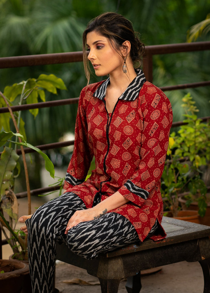 Exclusive maroon Ajrakh printed top with optional ikat pants