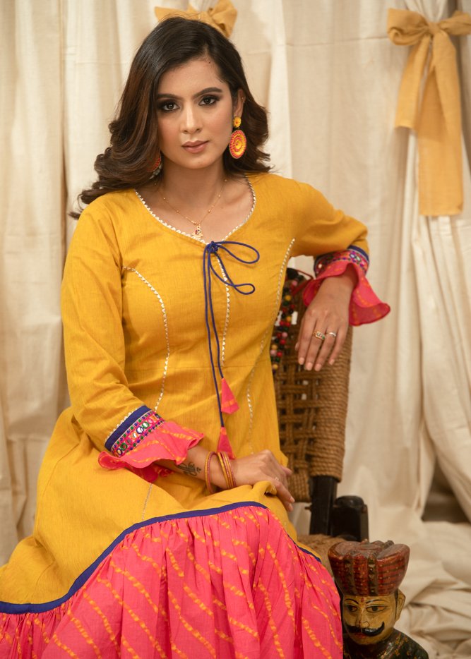 Mustard cotton dress with gota border & Bandhni print
