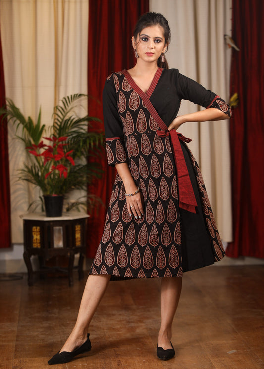 Exclusive Ajrakh overlapping one piece dress