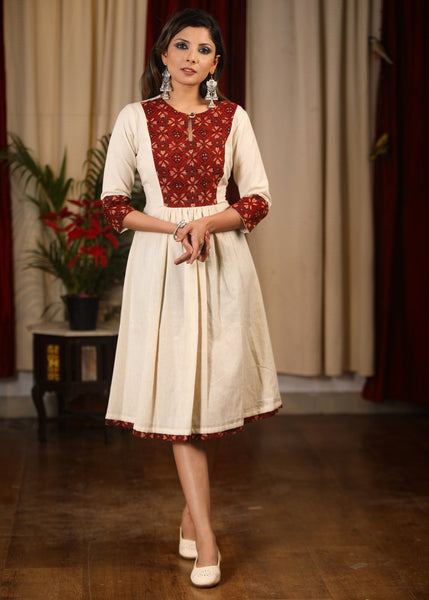 Off white cotton flex dress with Ajrakh block printed yoke