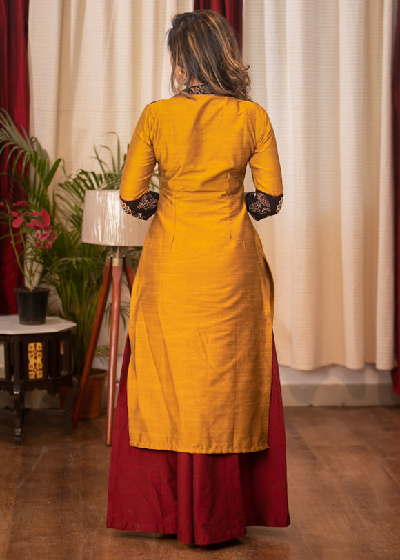 Straight Cut Cotton Silk Kurta with Exclusive hand embroidered Ajrakh Yoke & Chanderi Dupatta - 2 Piece