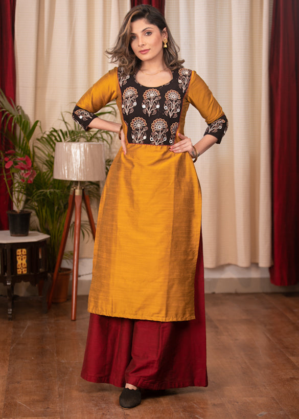 Straight Cut Cotton Silk Kurta with Exclusive hand embroidered Ajrakh Yoke & Chanderi Dupatta - 2 Piece