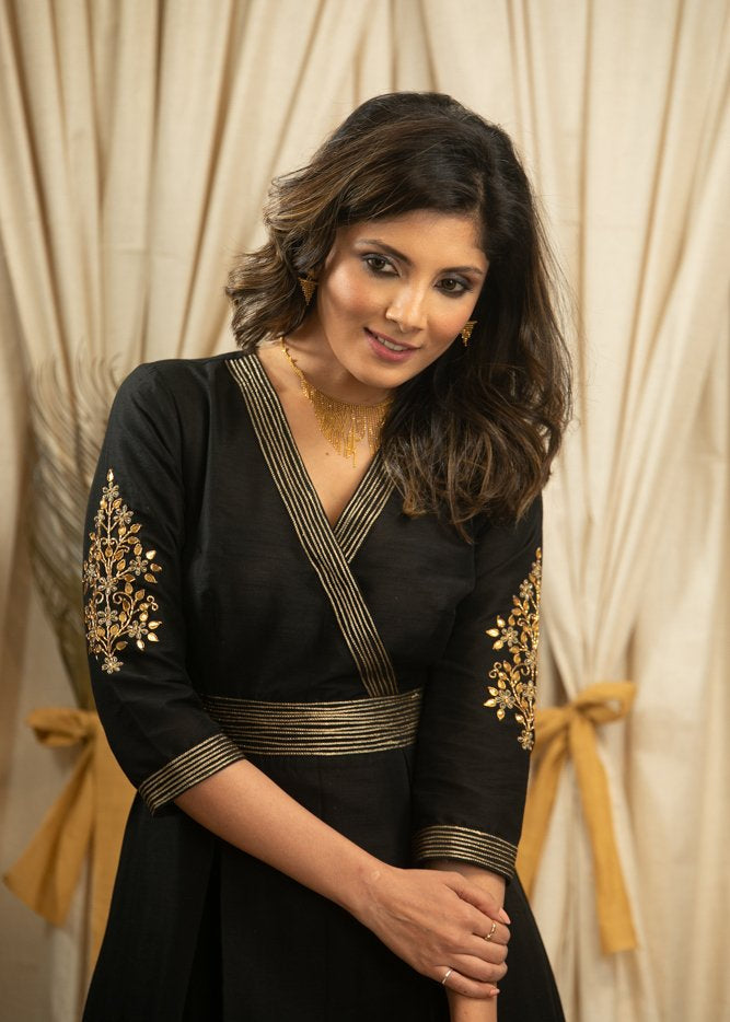 Exclusive black dress with Zardosi hand embroidery on sleeves