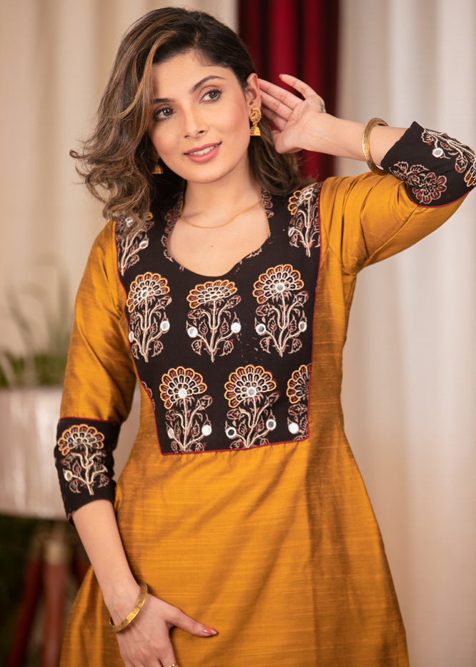 Straight Cut Cotton Silk Kurta with Exclusive hand embroidered Ajrakh Yoke & Chanderi Dupatta - 2 Piece